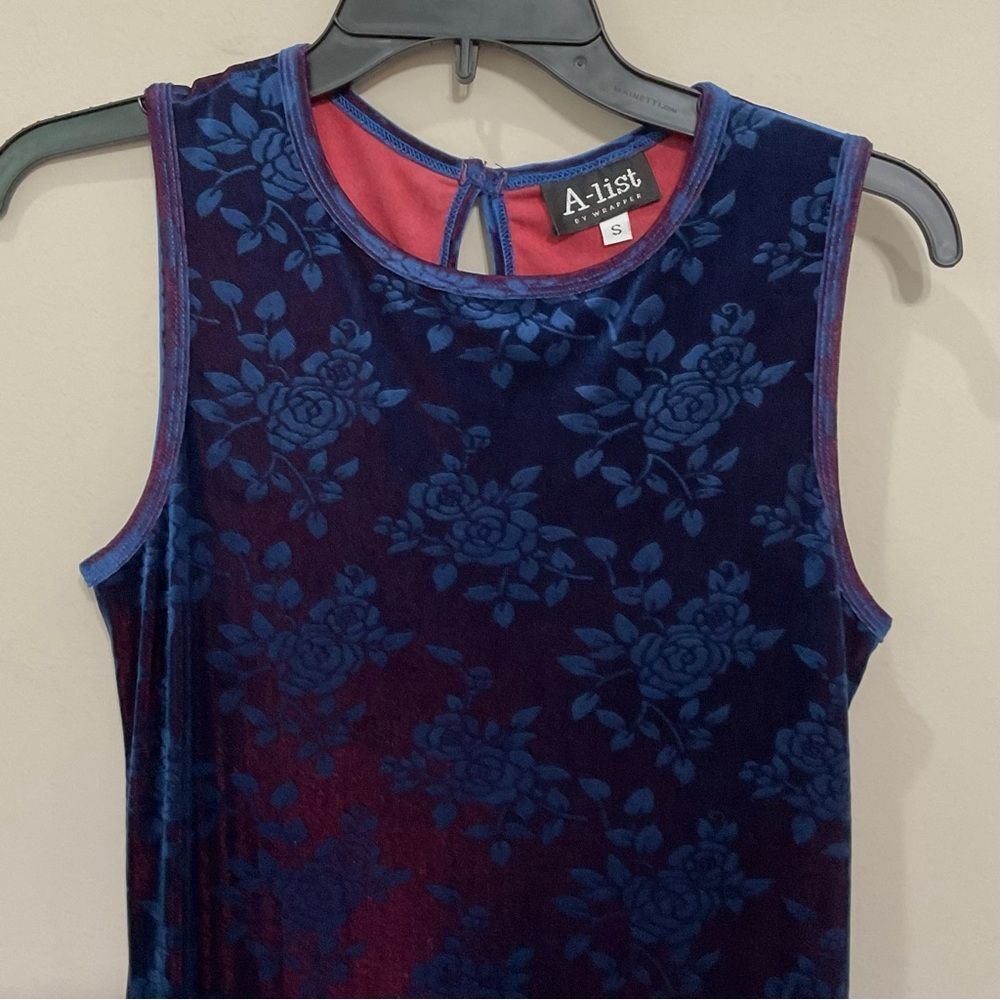 Vintage A-List Blue Velour Gown Rose Print Sz S Maxi Sleeveless Dress Wrapper